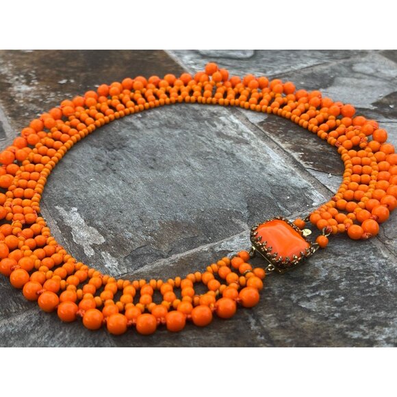 Vintage 1940's Handmade Bright Orange Beaded Collar Necklace Woven Various Size - Picture 4 of 6